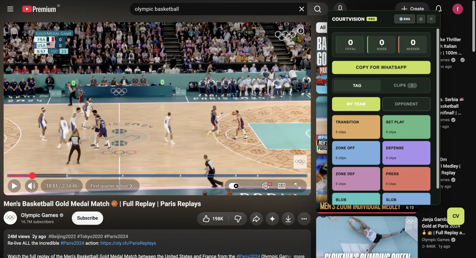 CourtVision Extension open beside a basketball video on YouTube